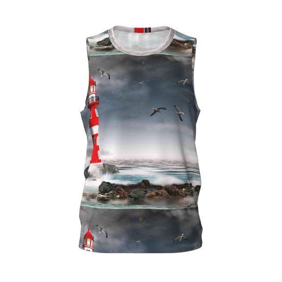 Easygdp 3d Lighthouse in the Surf Men's Mesh Basketball Jersey Quick Drying Sleeveless Shirts Fitted Muscle Tank Tops Sport Round Neck T-Shirt - X-Large