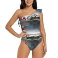 thumbnail image 1 of Easygdp 3d Lighthouse in the Surf Women's One Shoulder Ruffle Monokini Bathing Suits with Removable Chest Pad, Quick Drying - Large, 1 of 8