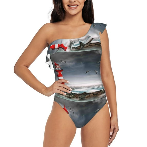 Easygdp 3d Lighthouse in the Surf Women's One Shoulder Ruffle Monokini Bathing Suits with Removable Chest Pad, Quick Drying - Large