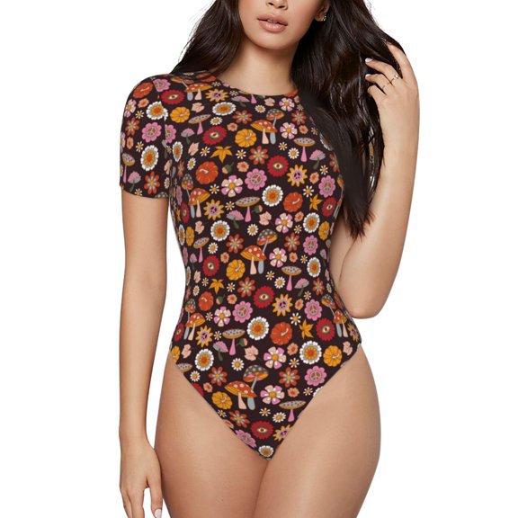 Easygdp 70s Groovy Hippie Retro Women's One-Piece Swimsuit Slim Fit Crew Neck Bodysuit Athletic Swimwear with Concealed Buckle - XX-Large