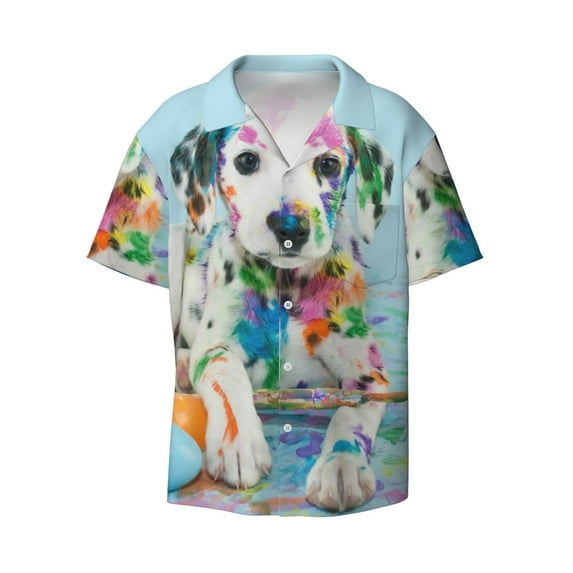 Easygdp A Funny Little Dalmatian Puppy Men's Casual Short-sleeved Shirt with Pocket and Button Suitable for Beach Vacation Leisure - Medium