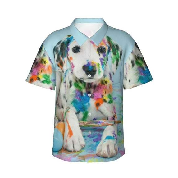 Easygdp A Funny Little Dalmatian Puppy Men's Hawaiian Shirts Print Lapel Short Sleeve for Beach, vacation, party, casual occasions - X-Large