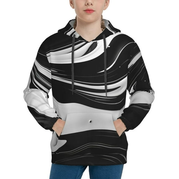 Easygdp Abstract Black White Swirls Boys Hoodie Kids Sweatshirt Youth Pullover With Hood-Medium