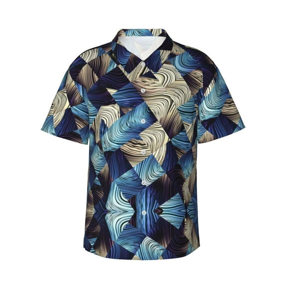 Easygdp Abstract Blue Squares Men's Hawaiian Shirts Print Lapel Short Sleeve for Beach, vacation, party, casual occasions - Small