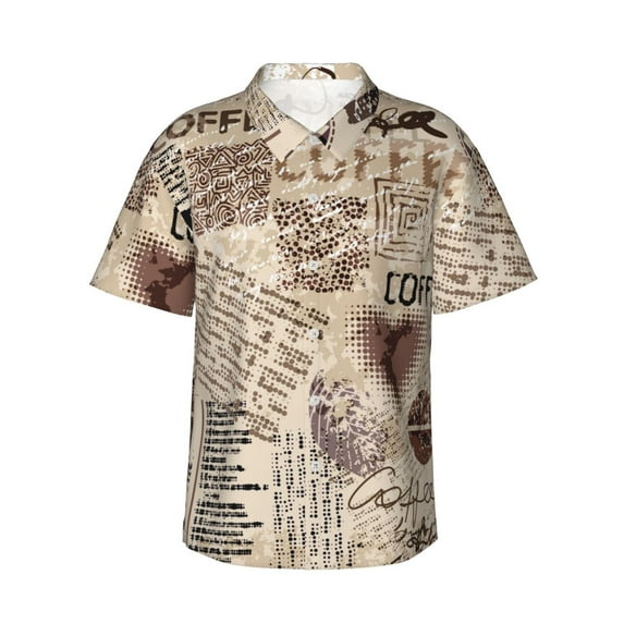Easygdp Abstract Coffee Pattern With Letters Men's Hawaiian Shirts Print Lapel Short Sleeve for Beach, vacation, party, casual occasions - Medium