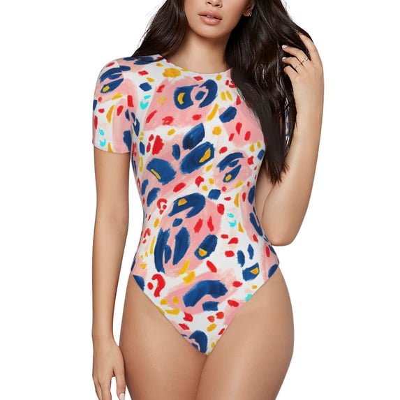 Easygdp Abstract Leopard Print Women'S Waist-Cinching Short-Sleeved Onesie, Olastic Onesiet,Snaps At Bottom,Easy To Put On And Take Off - Xx-Large