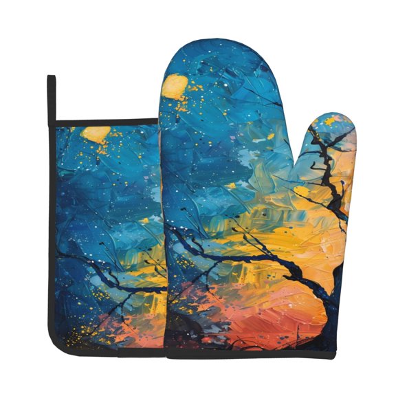 Easygdp Abstract Night Sky Tree Oven Mitts and Pot Holders 2 pcs Set,High Heat Resistant Kitchen Oven Glove for Baking and Cooking