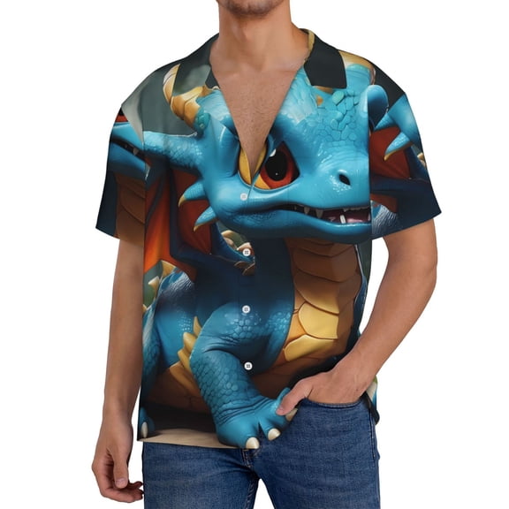 Easygdp Adorable Blue Baby Dragon Mens Short Sleeve Button Down,Cuban Shirts for Men,Men's Casual Short-Sleeved Shirt-Medium