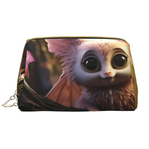 Easygdp Adorable Fluffy Bat Leather Makeup Bag Zipper Pouch Travel Cosmetic Organizer for Women and Girls, Make up Bag with Zipper