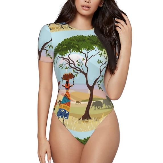 Easygdp African Women Women's One-Piece Swimsuit Slim Fit Crew Neck Bodysuit Athletic Swimwear with Concealed Buckle - X-Large