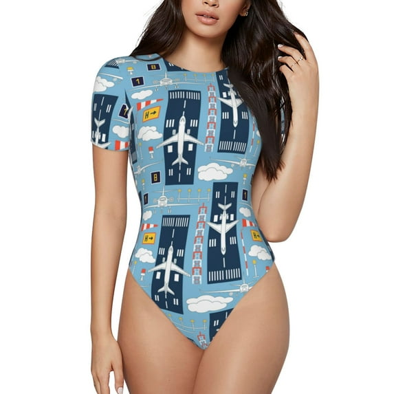 Easygdp Airplanes And Aviation Signs Women'S Waist-Cinching Short-Sleeved Onesie, Olastic Onesiet,Snaps At Bottom,Easy To Put On And Take Off - Large