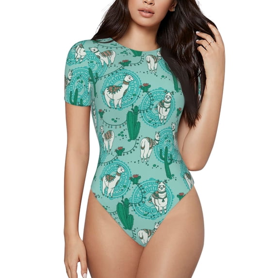 Easygdp Alapaca In Boho Women'S Waist-Cinching Short-Sleeved Onesie, Olastic Onesiet,Snaps At Bottom,Easy To Put On And Take Off - Large