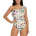 thumbnail image 1 of Easygdp Alpaca Flower Women's One Shoulder Ruffle Monokini Bathing Suits with Removable Chest Pad, Quick Drying - Small, 1 of 8