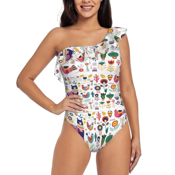 Easygdp Alpaca Flower Women's One Shoulder Ruffle Monokini Bathing Suits with Removable Chest Pad, Quick Drying - Small