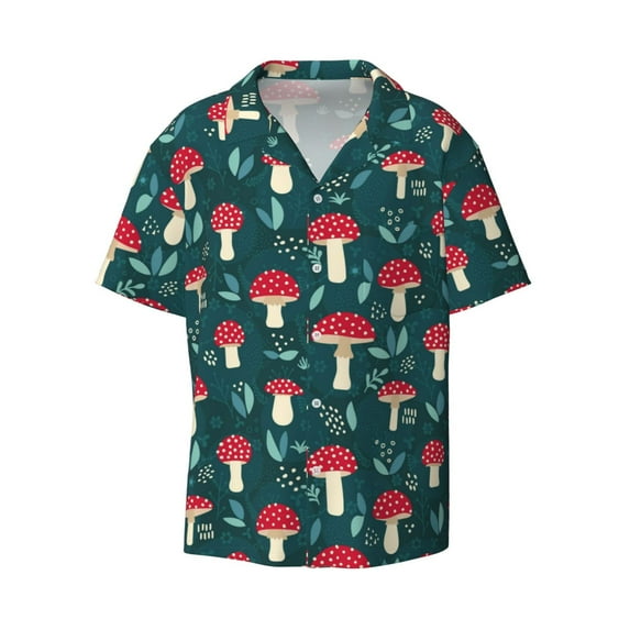 Easygdp Amanita Mushroom Men's Casual Short-sleeved Shirt with Pocket and Button Suitable for Beach Vacation Leisure - Large