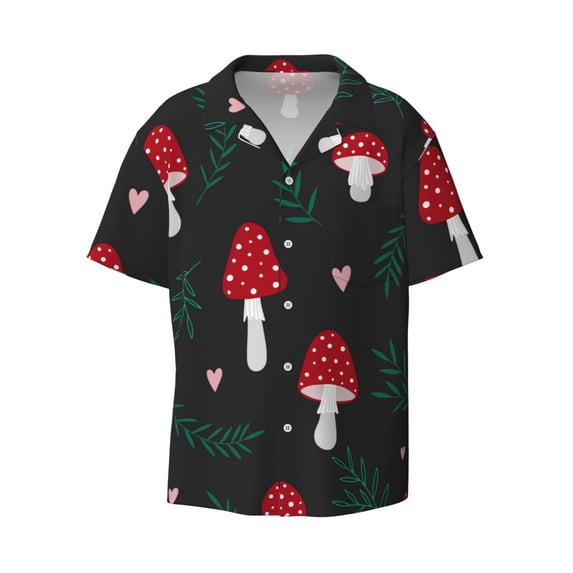 Easygdp Amanita Mushroom Men's Casual Short-sleeved Shirt with Pocket and Button Suitable for Beach Vacation Leisure - XX-Large