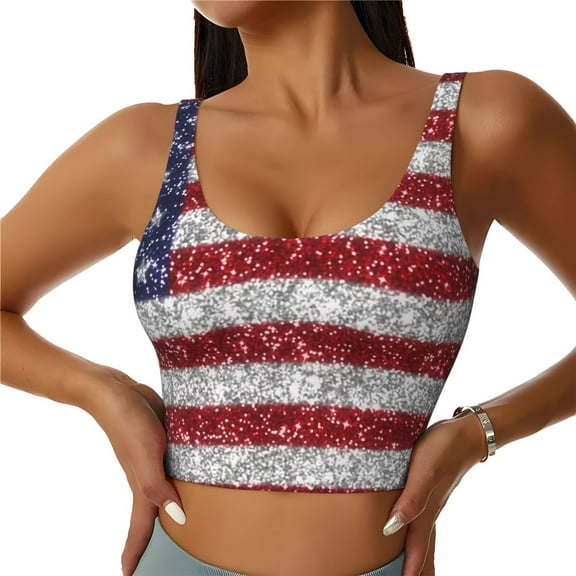 Easygdp America Flag Glitter Seamless Sports Bra for Women, High Impact Yoga Exercise Athletic Bras - Available in Various Sizes-