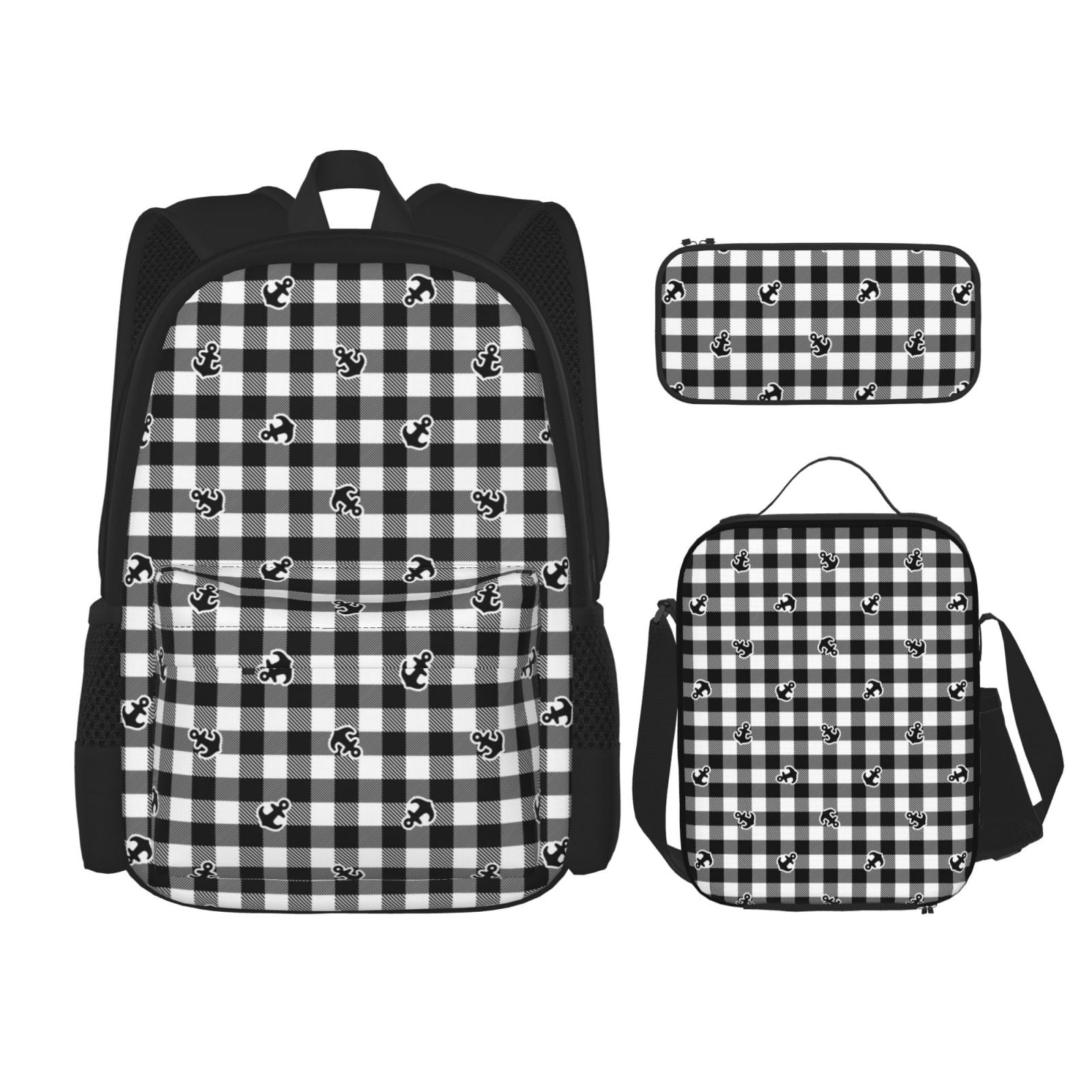 Easygdp Anchor Black Tartan Plaid Backpack for Boys and Girls with Lunch Box Pencil Bag Set 3 in 1 Teens Printed School Bag Walmart