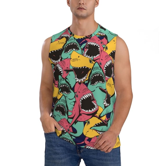 Easygdp Angry Shark Pattern Men's Breathable Tank Tops Sleeveless Sporty T Shirts for Basketball, Mountaineering, Bodybuilding -X-Large