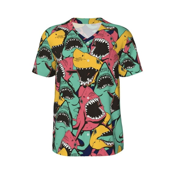 Easygdp Angry Shark Pattern Men's Muscle T-Shirt Men's Baseball Short Sleeves, for Gym Workout Athletic with Button - X-Large