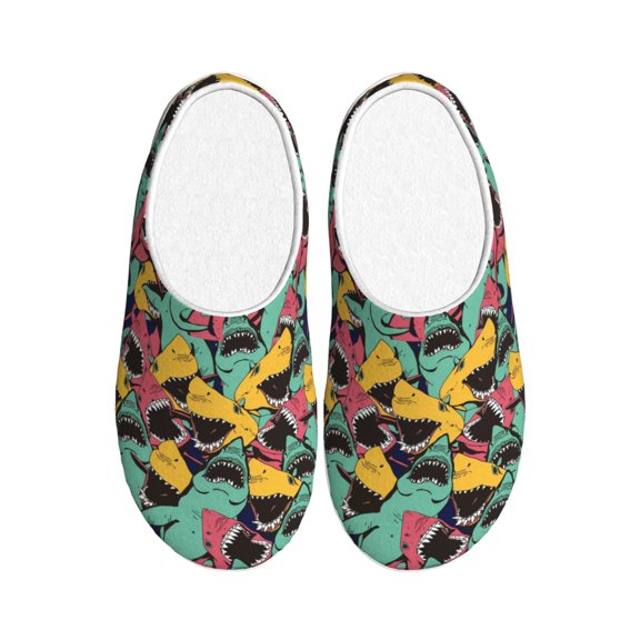 Easygdp Angry Shark Pattern Slippers for Women Mens Winter Warm Home Slippers Plush Slip on House Slippers for Indoor Outdoor Shoes-39/40
