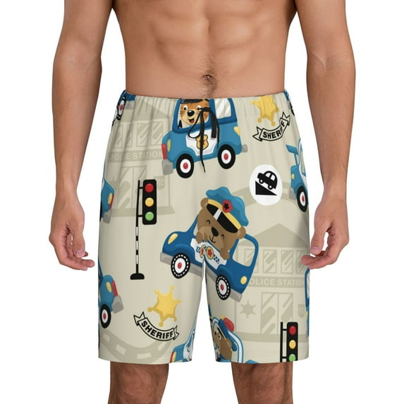 Easygdp Animals Driving Police Car Men's Short Pajama Pants, Sleep Shorts, Household Pants, Casual Pants with Pockets - Large