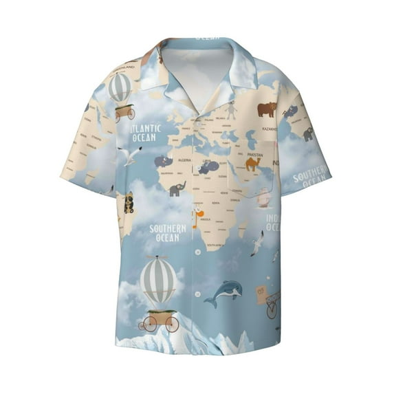 Easygdp Animals Travel World Map Men's Casual Short-sleeved Shirt with Pocket and Button Suitable for Beach Vacation Leisure - Large