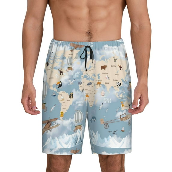 Easygdp Animals Travel World Map Men's Short Pajama Pants, Sleep Shorts, Household Pants, Casual Pants with Pockets - Large