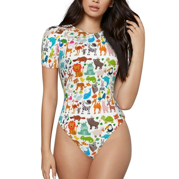 Easygdp Animals Women'S Waist-Cinching Short-Sleeved Onesie, Olastic Onesiet,Snaps At Bottom,Easy To Put On And Take Off - Small