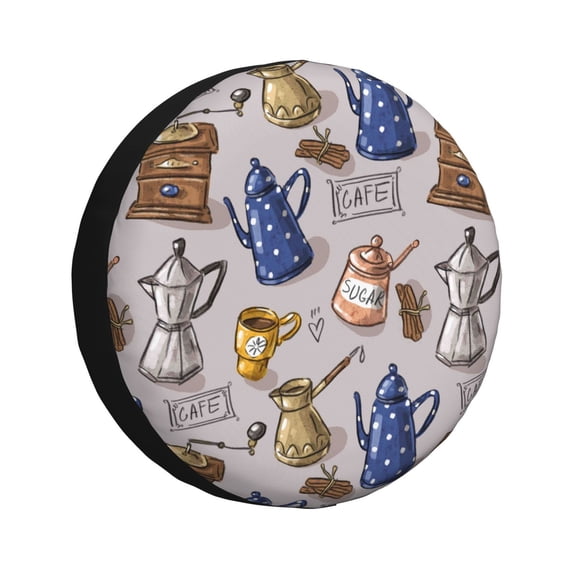 Easygdp Antique Vintage Teapot Coffee Grinder Wheel Sun Guard, Spare Tire Cover,Universal Trailer Suv Truck Camper Travel,Easy To Install And Remove -15 Inch