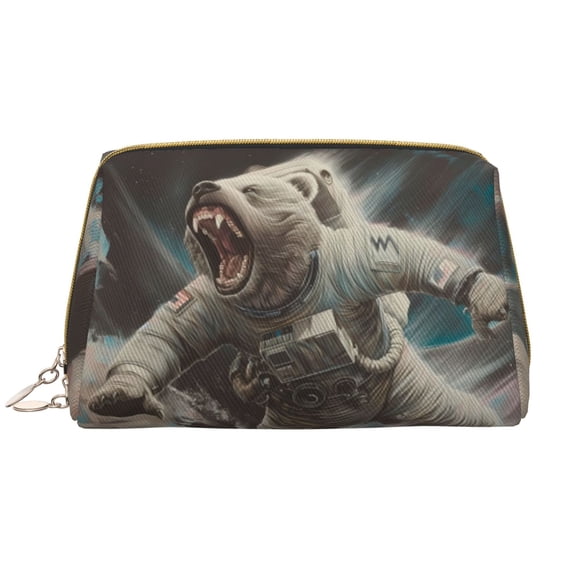Easygdp Astronaut Polar Bear Roar Leather Makeup Bag Zipper Pouch Travel Cosmetic Organizer for Women and Girls, Make up Bag with Zipper