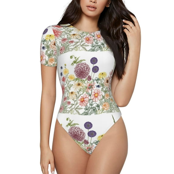 Easygdp Autumn Garden Women's One-Piece Swimsuit Slim Fit Crew Neck Bodysuit Athletic Swimwear with Concealed Buckle - Medium
