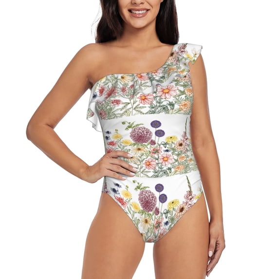 Easygdp Autumn Garden Women's One Shoulder Ruffle Monokini Bathing Suits with Removable Chest Pad, Quick Drying - X-Large