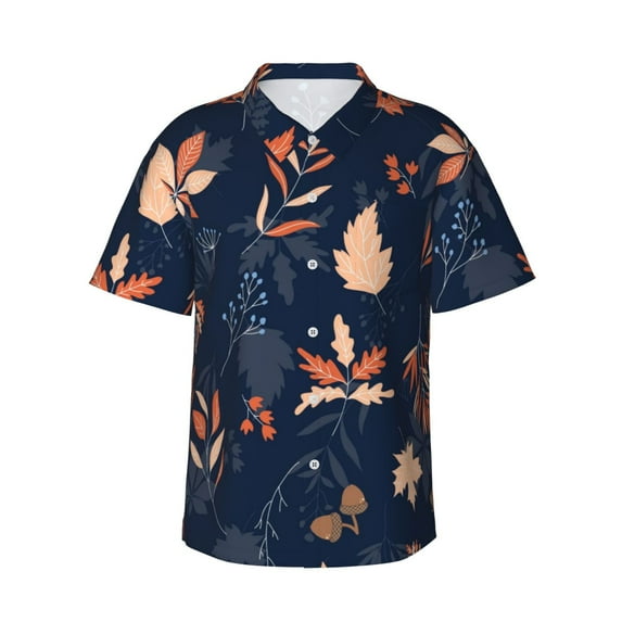Easygdp Autumn Leaves With Blue Men's Hawaiian Shirts Print Lapel Short Sleeve for Beach, vacation, party, casual occasions - X-Large