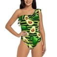 thumbnail image 1 of Easygdp Avocado Green Striped Women's One Shoulder Ruffle Monokini Bathing Suits with Removable Chest Pad, Quick Drying - Medium, 1 of 8