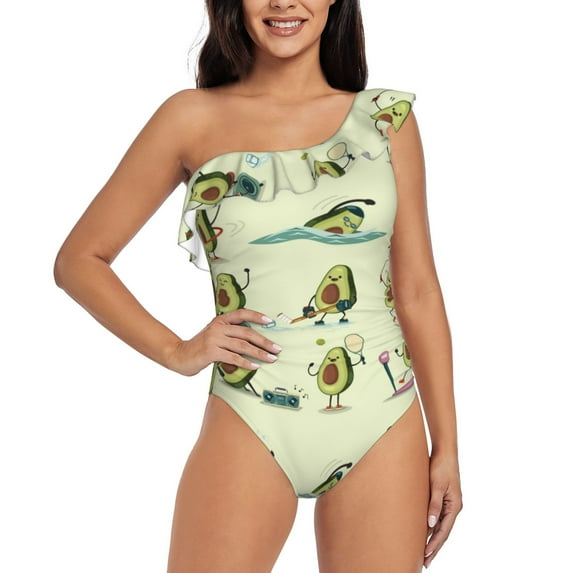 Easygdp Avocado for Exercise Women's One Shoulder Ruffle Monokini Bathing Suits with Removable Chest Pad, Quick Drying - Small