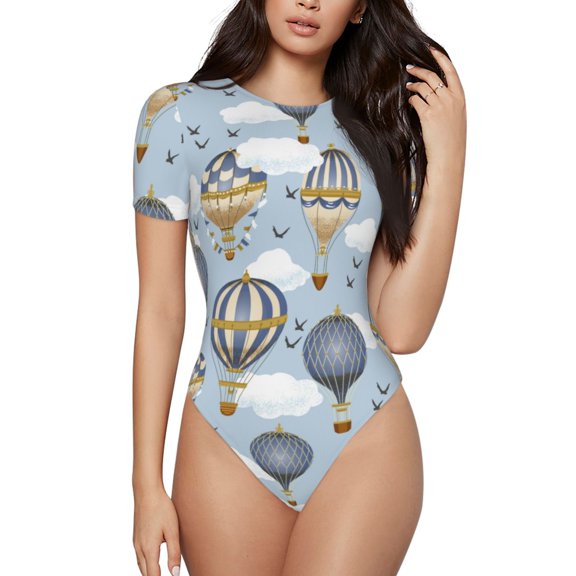 Easygdp Balloon Vintage Women's One-Piece Swimsuit Slim Fit Crew Neck Bodysuit Athletic Swimwear with Concealed Buckle - Medium