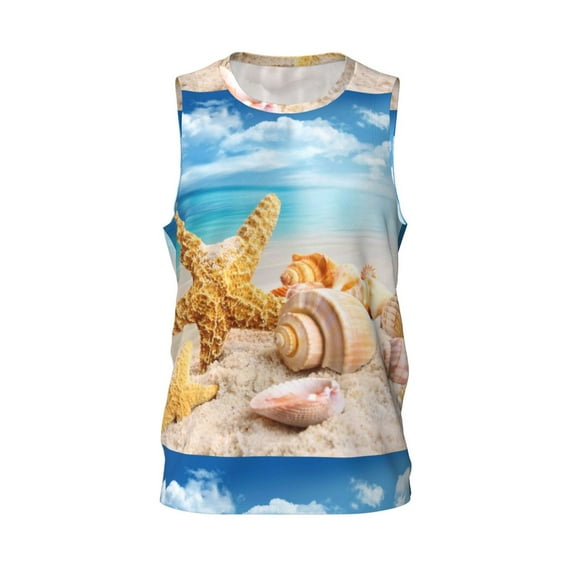 Easygdp Beach Starfish Shell Men's Mesh Basketball Jersey Quick Drying Sleeveless Shirts Fitted Muscle Tank Tops Sport Round Neck T-Shirt - XX-Large