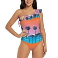 thumbnail image 1 of Easygdp Beach with Palm Trees Women's One Shoulder Ruffle Monokini Bathing Suits with Removable Chest Pad, Quick Drying - Medium, 1 of 8
