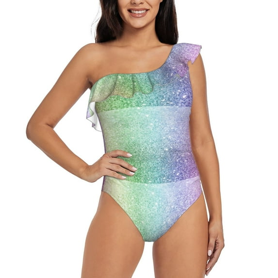 Easygdp Beautiful Glitter Women's One Shoulder Ruffle Monokini Bathing Suits with Removable Chest Pad, Quick Drying - Small