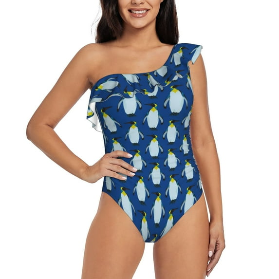 Easygdp Beautiful King Penguin Pattern Women's One Shoulder Ruffle Monokini Bathing Suits with Removable Chest Pad, Quick Drying - X-Large