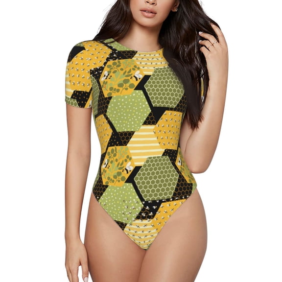 Easygdp Bee honey Women's One-Piece Swimsuit Slim Fit Crew Neck Bodysuit Athletic Swimwear with Concealed Buckle - Small