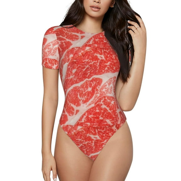 Easygdp Beef Steaks Women's One-Piece Swimsuit Slim Fit Crew Neck Bodysuit Athletic Swimwear with Concealed Buckle - Small