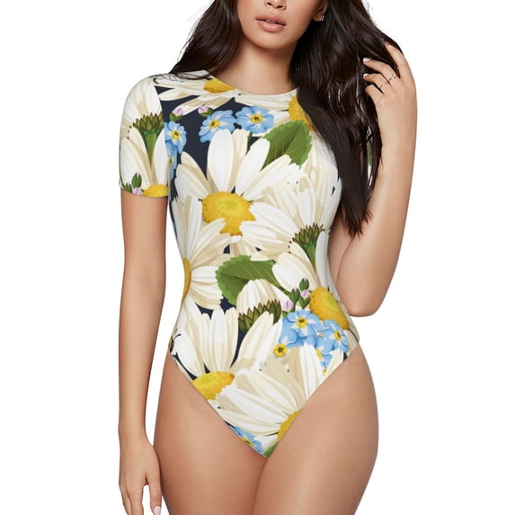 Easygdp Bees Collecting Nectar Women's One-Piece Swimsuit Slim Fit Crew Neck Bodysuit Athletic Swimwear with Concealed Buckle - XX-Large