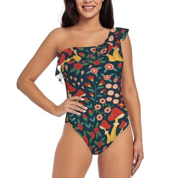 Easygdp Berries and Flowers Women's One Shoulder Ruffle Monokini Bathing Suits with Removable Chest Pad, Quick Drying - X-Large