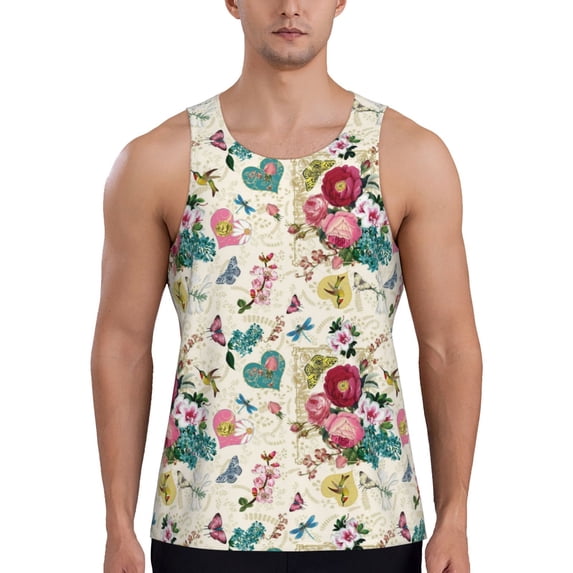 Easygdp Bird Butterfly Rose Men's Tank Top, Sleeveless Muscle T Shirts, Breathable, Quick-Dry, Loose for Gym, Running, Fitness - 3X-Large