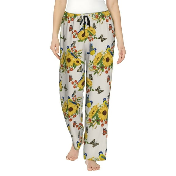 Easygdp Bird Sunflowers Women's Drawstring Pajama Pants | Lounge Joggers Sweatpants | Comfy Sleepwear | Yoga Pants-Medium