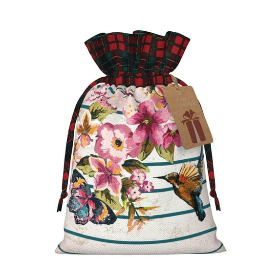 Easygdp Bird and Floral Fabric Gift Bags for Christmas Presents - Christmas Bags, Christmas Gift Bags for Presents, Christmas Gift Wrap-Black