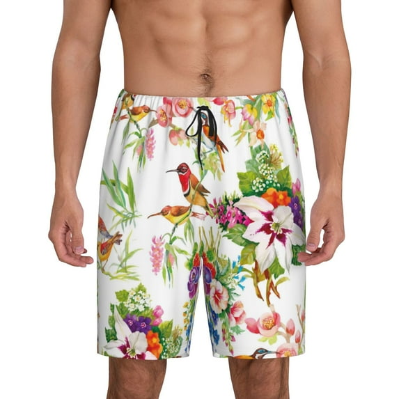Easygdp Birds And Flowers Men's Short Pajama Pants, Sleep Shorts, Household Pants, Casual Pants with Pockets - X-Large