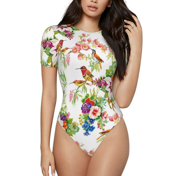Easygdp Birds And Flowers Women's One-Piece Swimsuit Slim Fit Crew Neck Bodysuit Athletic Swimwear with Concealed Buckle - Medium